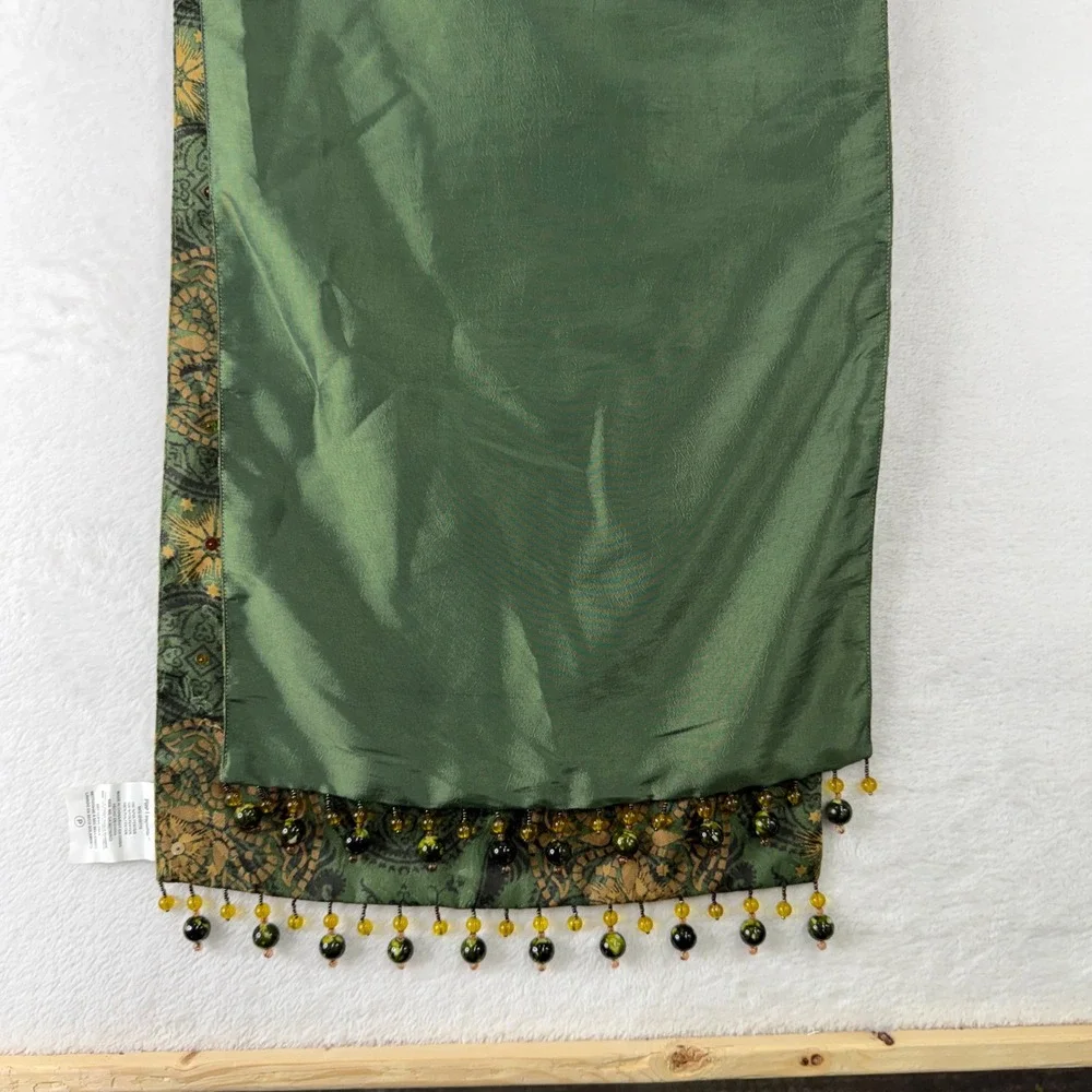 Pier 1 14x74 Table Runner Holiday Medallion Circle Print Beaded Trim Green Gold